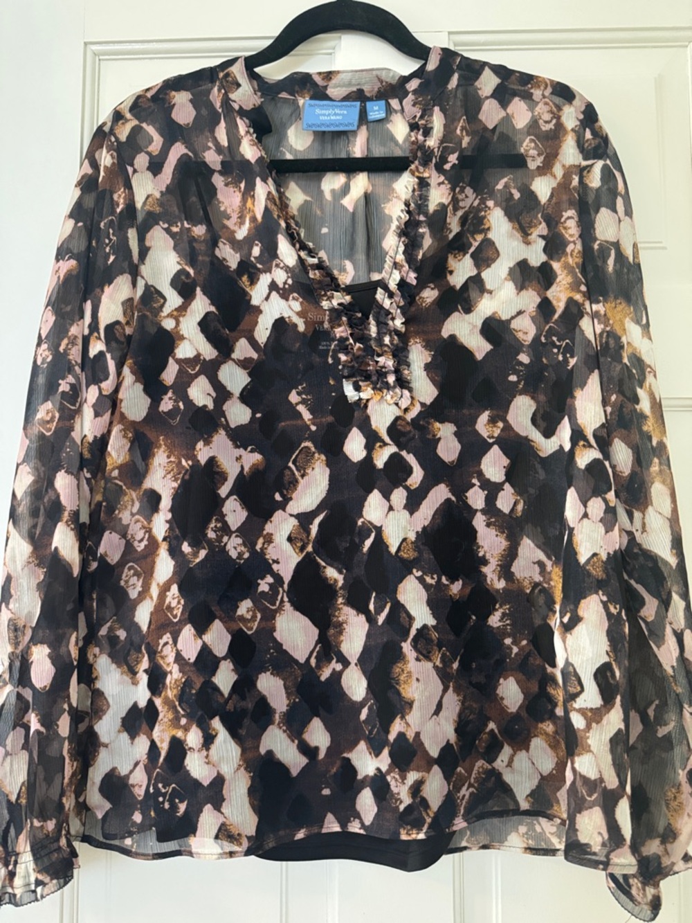 Simply Vera Vera Wang Black, Pink & Gold Abstract Ruffle V-Neck Blouse